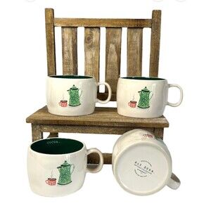 Rae Dunn WINTER TIME COCOA Green Oasis 4  Mug Set Very Hard to Find, NIB Cozy